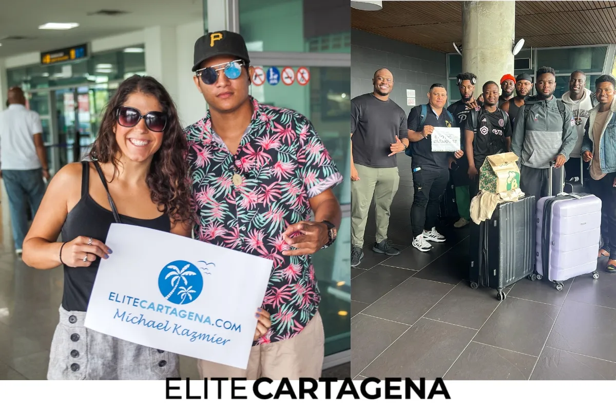 A professional VIP concierge assisting a group of clients in a luxury setting in Cartagena.